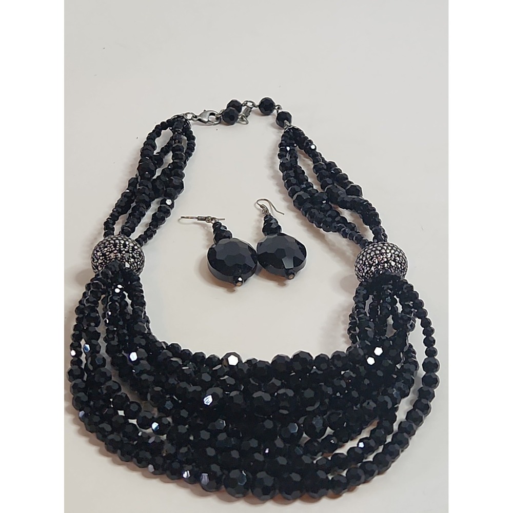 Vintage JBK Camrose & Kross Jackie Kennedy Black Glass Bead Necklace Earring Set